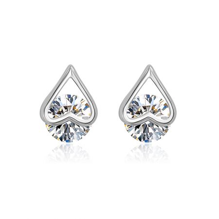 Silver Heart Ear Studs with Single CZ Stone - A close-up studio shot of Silver Heart Ear Studs with a single, brilliant-cut cubic zirconia stone, showcasing the rhodium-plated brass finish.