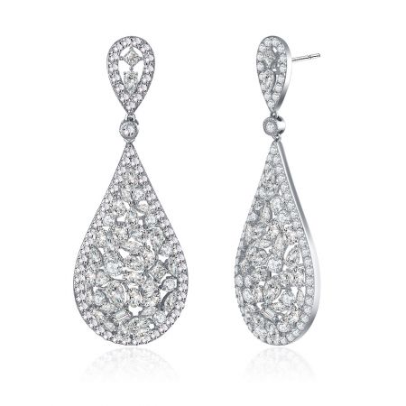 Detailed close-up of the teardrop earring, focusing on the precision-set cubic zirconia stones and polished rhodium plating.