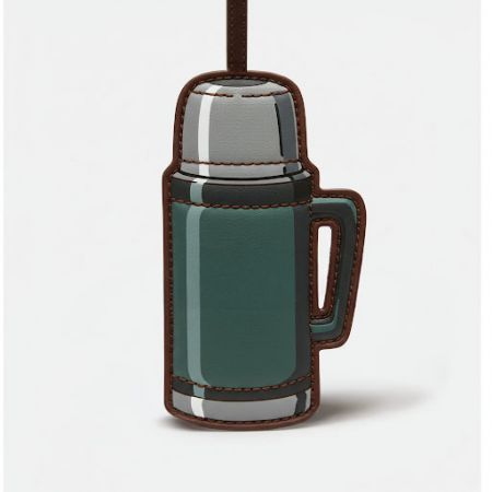 A stylish thermos featuring a custom brown leather cover, demonstrating a premium branding application.