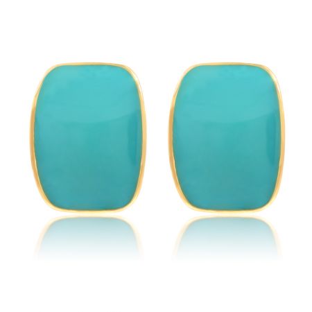 Enamel Cubic Square Elegant Turquoise Studs - A pair of Enamel Cubic Square Elegant Turquoise Studs with a vibrant turquoise epoxy center and polished gold-plated brass trim, shown against a clean white background.