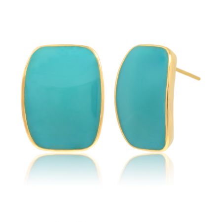 Gedetailleerde zijaanzicht van de elegante turquoise en gouden stud oorbellen, die de kwaliteit van het vakmanschap van het gouden metalen frame benadrukt.
