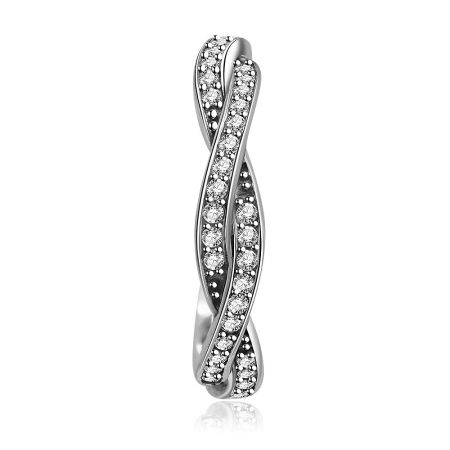 Angled view of the twisted band ring showing its elegant form and shimmering stones.