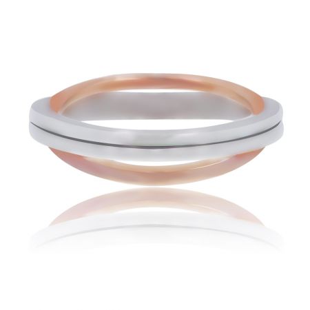 Twee Tonen Onderling Verbonden Dubbele Bandring - Een moderne twee-tonen onderling verbonden dubbele bandring met een gepolijste rhodium buitenband en een roségouden binnenband.