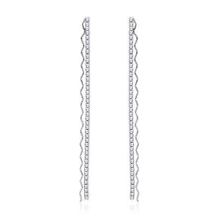 Wavy Chain CZ Chandelier Earrings - A pair of Wavy Chain CZ Chandelier Earrings with rhodium plating, showcasing a delicate wavy design adorned with sparkling clear rhinestones.