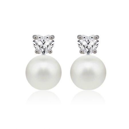 Pendientes de perla en forma de corazón con circonio cúbico. - Pendientes de perla en forma de corazón con circonio cúbico que presentan una prominente perla blanca y un circonio cúbico en forma de corazón brillante en un engaste chapado en rodio.
