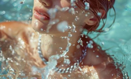 Eine Frau, die wasserdichten Schmuck im Wasser trägt, was seine Eignung für aktive Lebensstile hervorhebt.