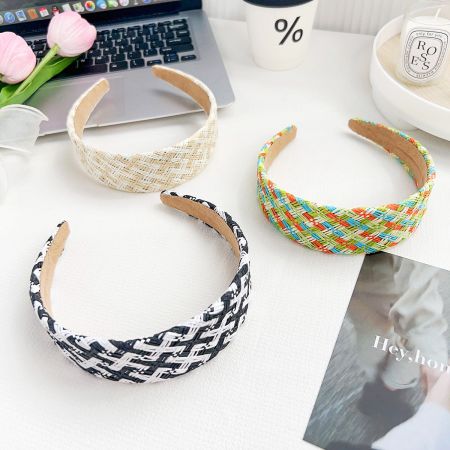 Multicolor Hand-Woven Raffia Braided Headbands - A set of three hand-woven raffia braided headbands in multicolor, black and white, and beige, displayed for wholesale by JR Fashion Accessories.