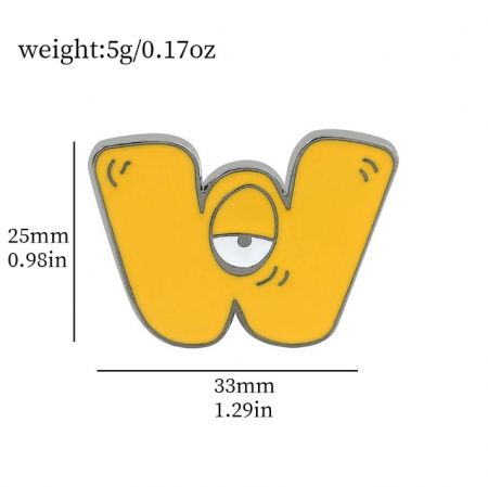 Close-up of a yellow cartoon letter 'W' pin showing detailed specifications and quality.