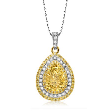Full view of the yellow gemstone teardrop pendant on its silver chain.