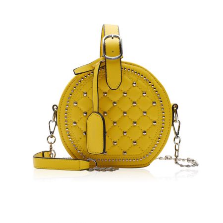 Vibrant yellow PU leather round handbag with a quilted design and silver studs.
