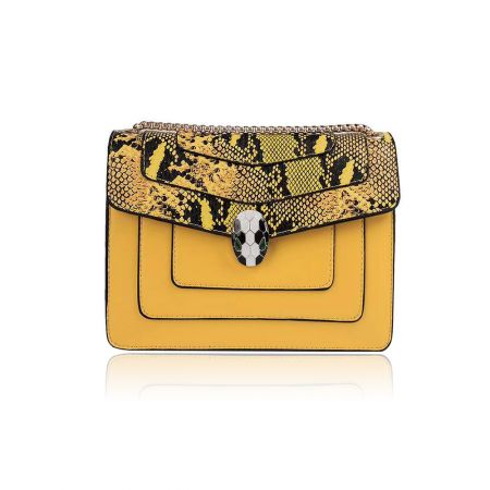Vibrant yellow python snakeskin PU leather handbag with a unique soccer ball clasp.