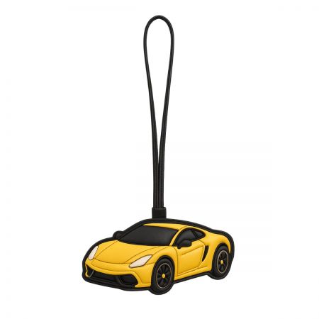 A stylish yellow sports car leather keychain with black detailing.