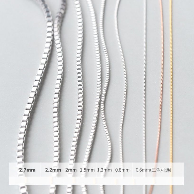 A detailed chart showcasing various 925 sterling silver chain necklaces with different thickness options, ranging from 0.6mm to 2.7mm, offered by JR Fashion Accessories.