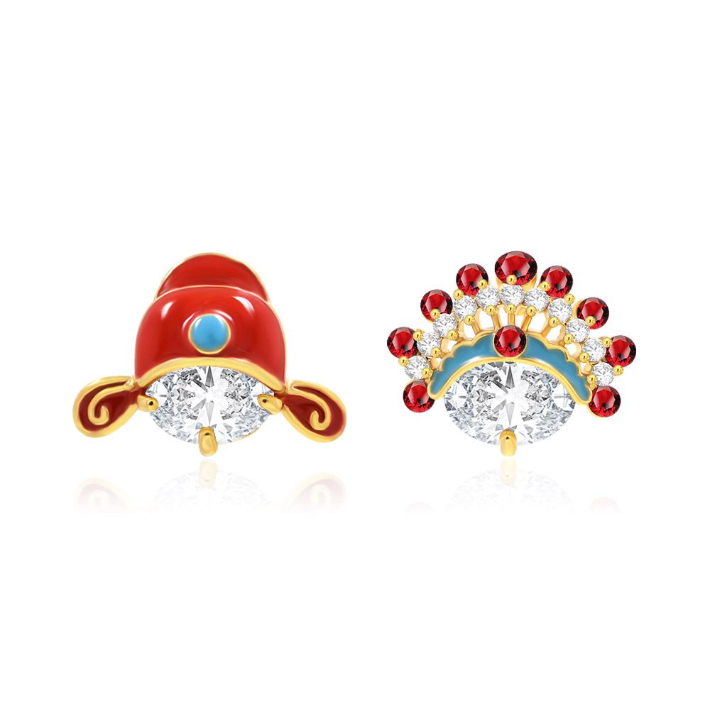Un par de pendientes de tocado de boda tradicional china (JRE-036) con intrincado baño de oro de 18K, epoxi roja y azul, y brillantes piedras de circonio cúbico.
