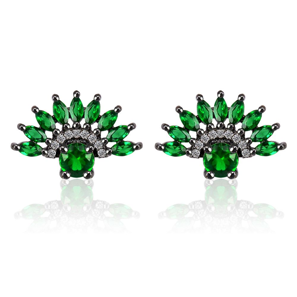 A pair of Emerald Fan Studs with a peacock-inspired design, featuring emerald green glass stones and white cubic zirconia set in hematite-plated brass.