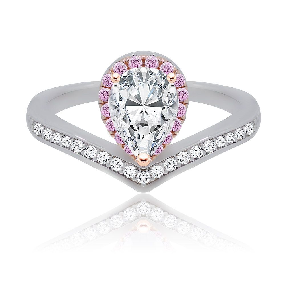 A close-up of the Drop Shape Gemstone Yours Truly Ring, showcasing its pear-shaped cubic zirconia center stone and two-tone rhodium and rose gold plated band.