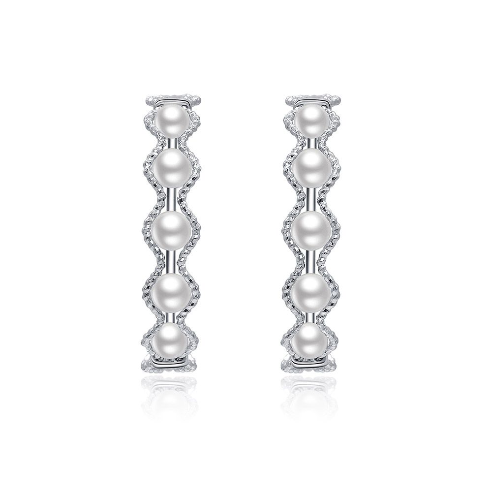 A pair of All Around Pearl Hoop Earrings featuring four white pearls connected by sleek silver links with clear gemstones, shown against a white background.