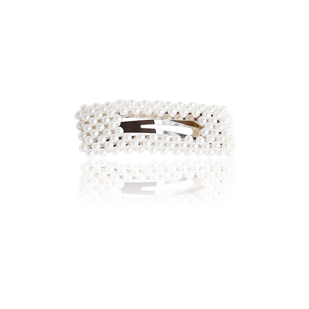 Elegant rectangular pearl hair barrette (JRA-001) with a secure clip, shown in a classic gold finish.