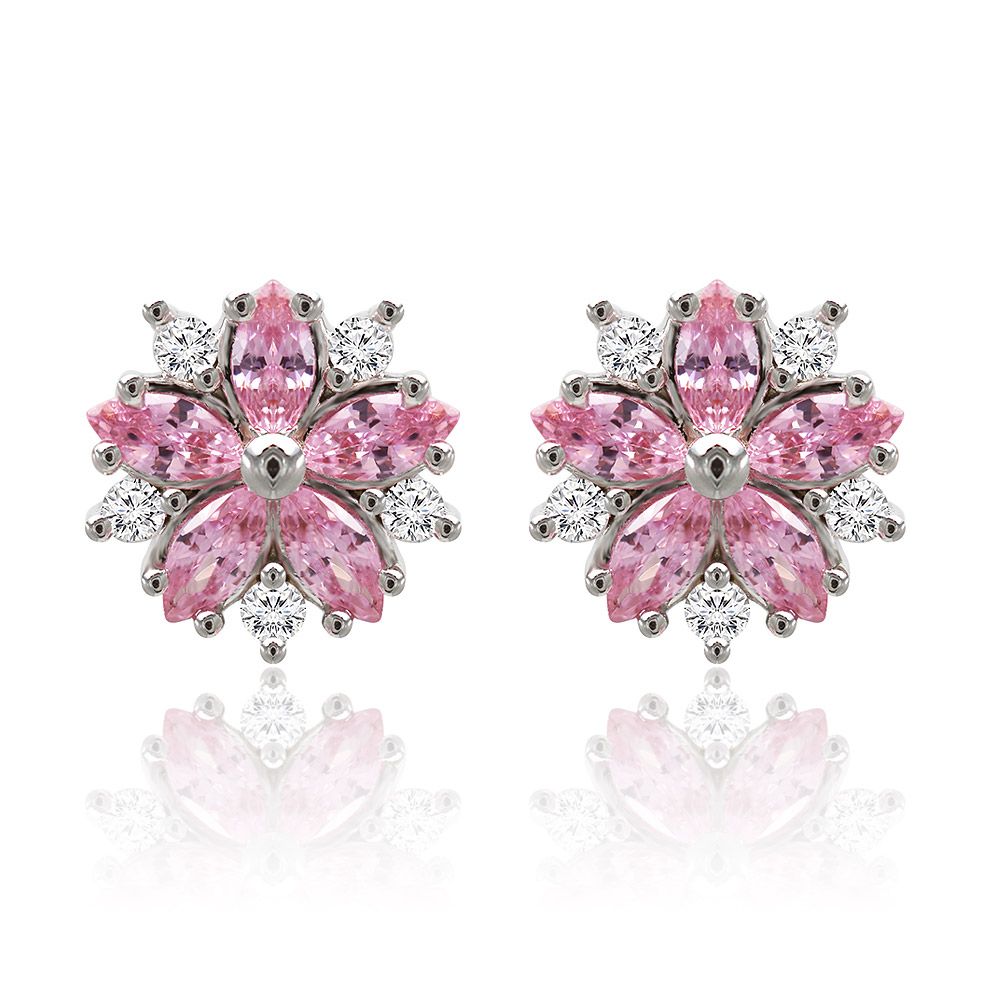 Une paire de boucles d'oreilles en fleur Pinky avec un design floral, présentant des pierres en zircon cubique roses et blanches serties dans du laiton plaqué rhodium.