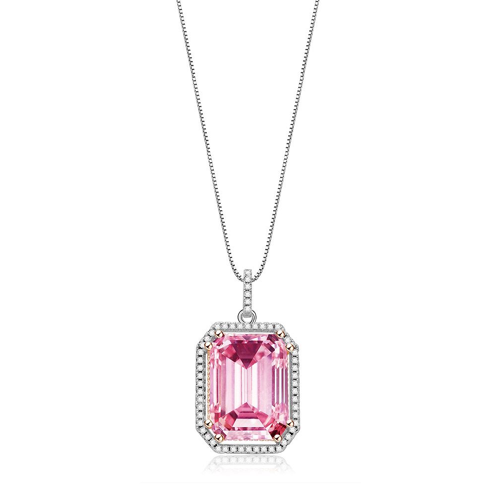 Vista frontal del collar con colgante de piedra preciosa rectangular rosa "¿Serás Mío?", que muestra el baño bicolor y las piedras de zirconia cúbica circundantes.