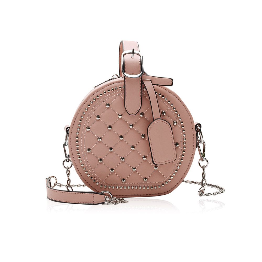 Stylish pink quilted PU leather handbag with a round design, silver stud details, and a detachable shoulder strap.