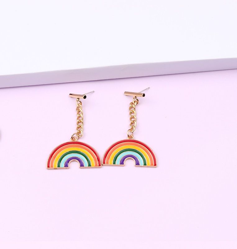 A pair of gold-plated Rainbow LGBT Pride Dangle Earrings with colorful enamel, style LGBT-014, on a white background.