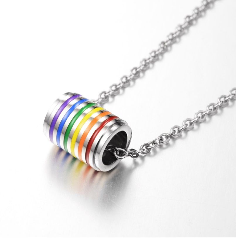 Rainbow LGBT Pride Enamel Tunnel Necklace featuring a vibrant, multi-colored pendant on a silver chain, symbolizing LGBTQ+ support.