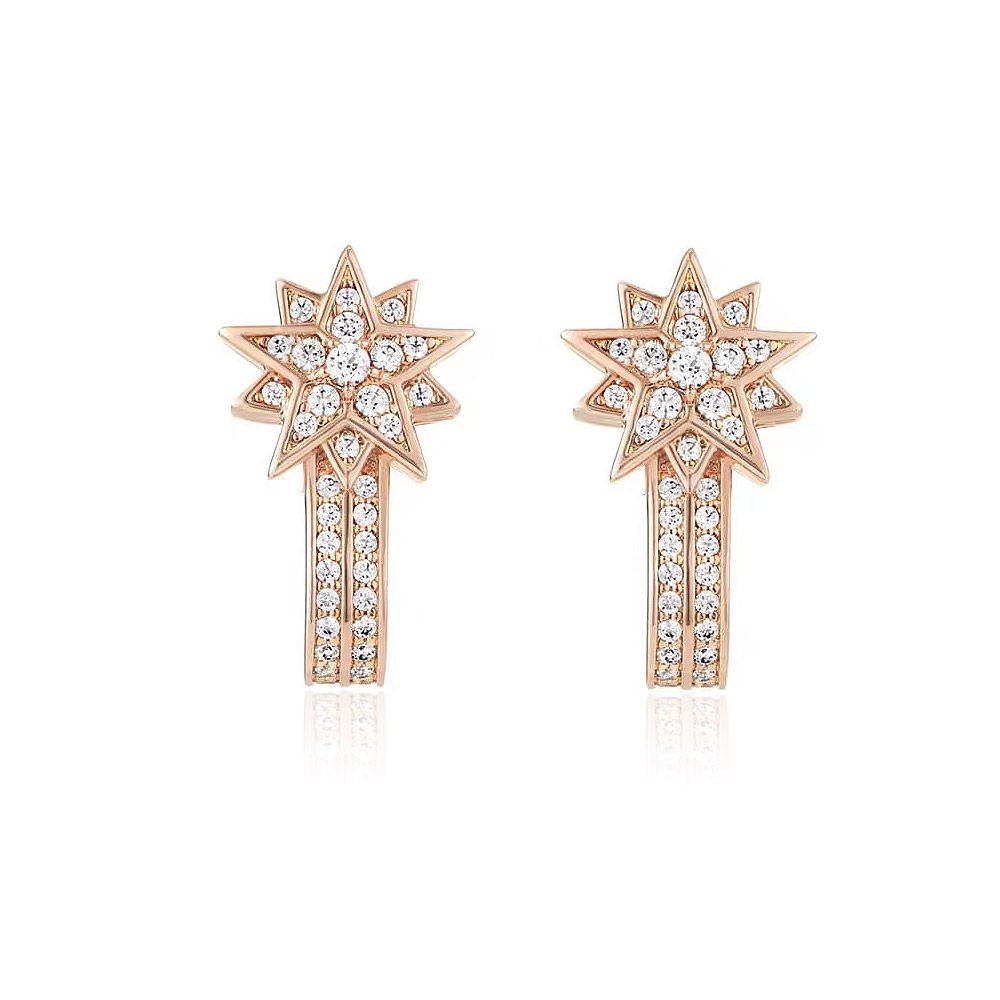 Gros plan des boucles d'oreilles longues en forme d'étoile en or rose, mettant en valeur le design étoilé complexe orné de diamants en zircon cubique étincelants.