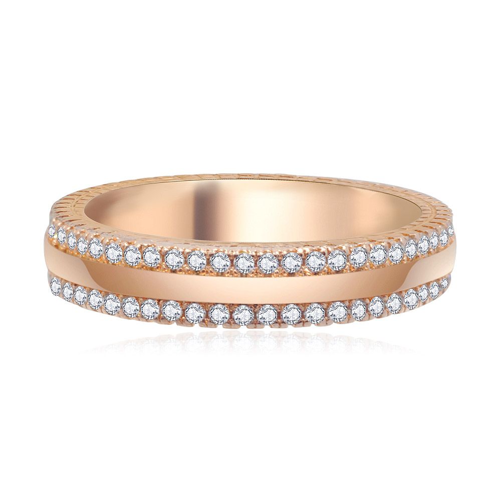 Eine Nahaufnahme des eleganten Eherings aus Roségold, der zwei funkelnde Reihen von Zirkonia-Diamanten zeigt.