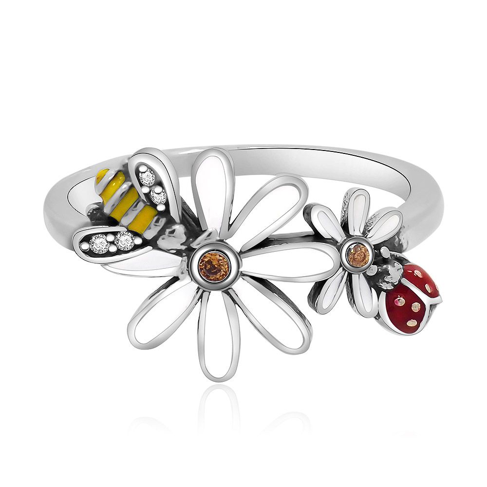 A detailed view of the 925 sterling silver ring featuring a bee, flower, and ladybug design, accented with colorful epoxy and cubic zirconia stones.