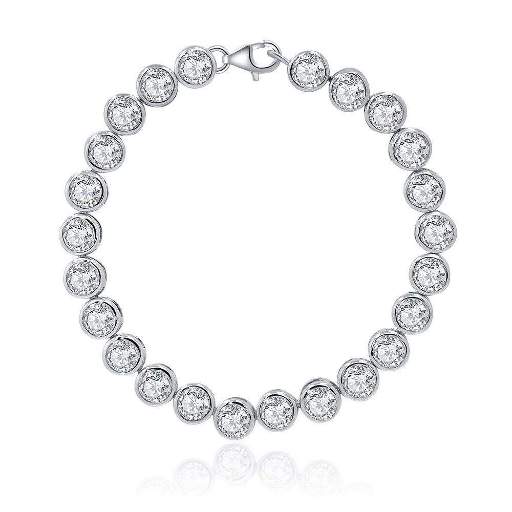 A stunning Bezel Set Cubic Zirconia 5MM Tennis Bracelet, showcasing its brilliant, clear gemstones and high-quality rhodium-plated finish on a white background.