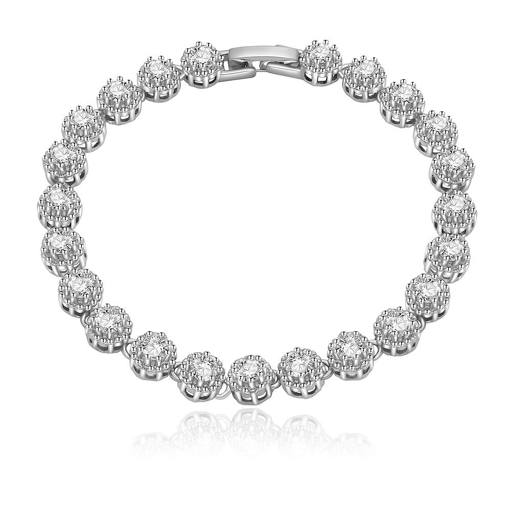 Front view of the Glam It Up Pave CZ Bracelet, showing the rhodium-plated brass band and the line of clear, four-prong set cubic zirconia stones on a white background.