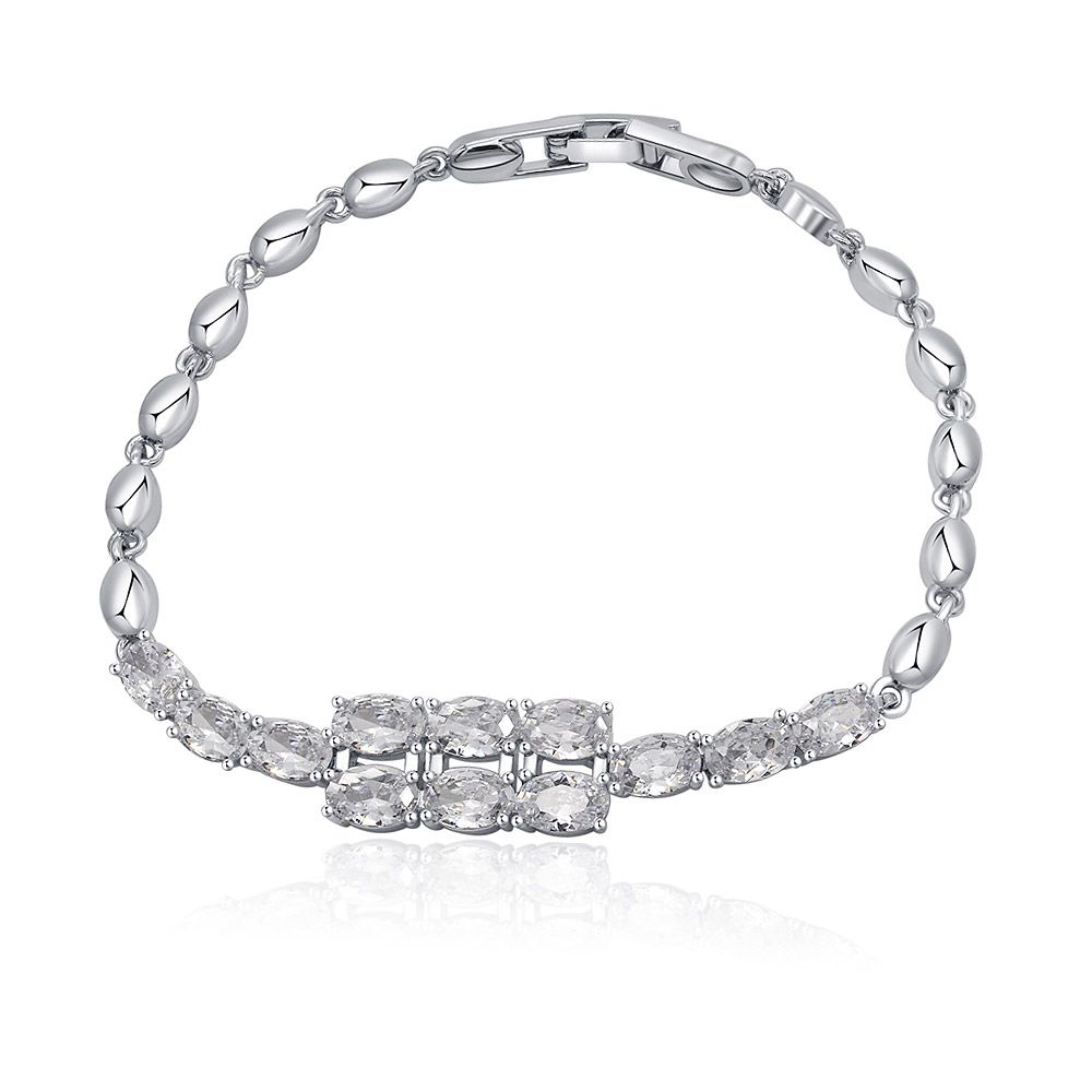Close-up of the Marquise Moment Bracelet, showcasing its rhodium-plated finish and a central cluster of sparkling cubic zirconia gemstones.