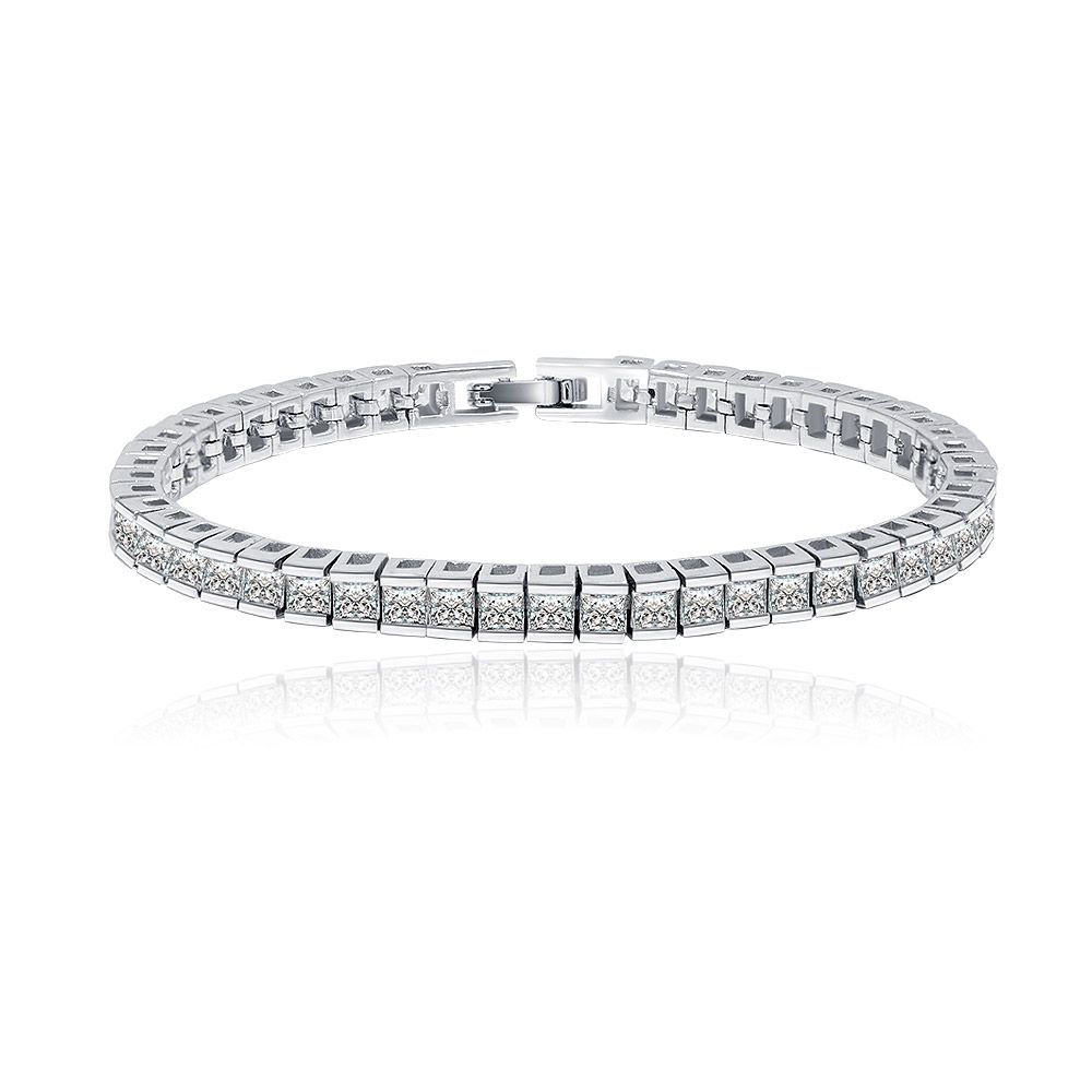 A stunning 4mm Cubic Zirconia Tennis Bracelet with rhodium plating, showcasing its brilliant, clear stones in a classic prong setting.