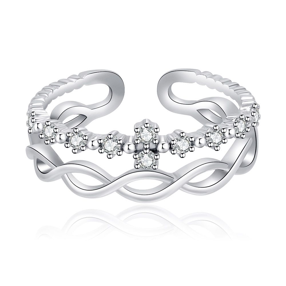 Front view of the Braided Weave Star CZ Ring, showcasing its intertwined rhodium-plated band and sparkling cubic zirconia stones.