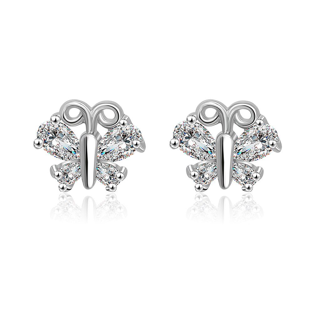 A pair of rhodium-plated Cubic Zirconia Butterfly Stud Earrings, showcasing the intricate design and sparkling gemstones.