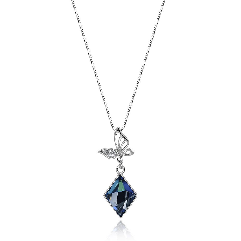 A stunning 925 sterling silver butterfly drop necklace featuring a vibrant blue Swarovski crystal pendant on a white background.