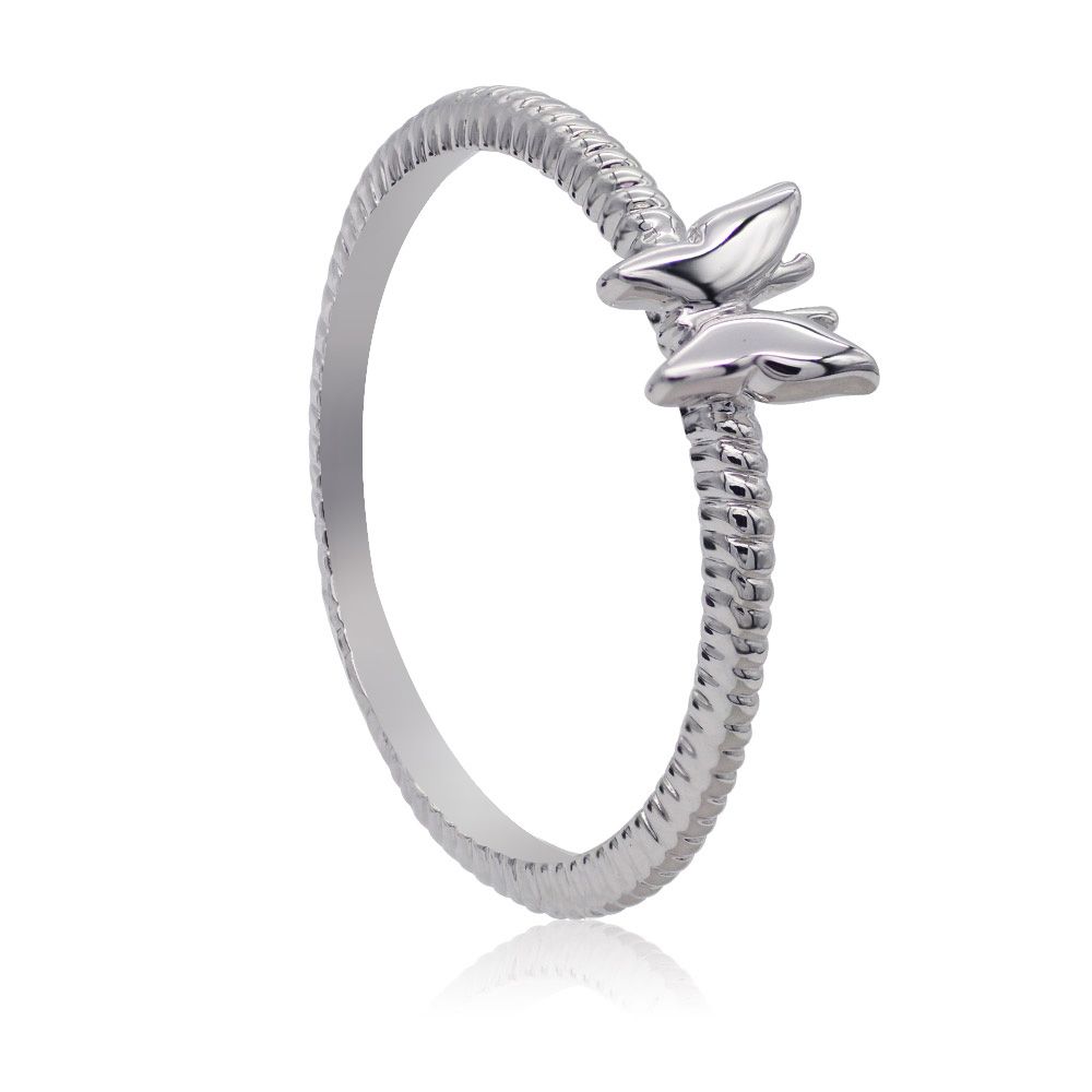 Close-up of the Polished Butterfly Texture Band Ring, showcasing the detailed butterfly motif on the rhodium-plated brass band.