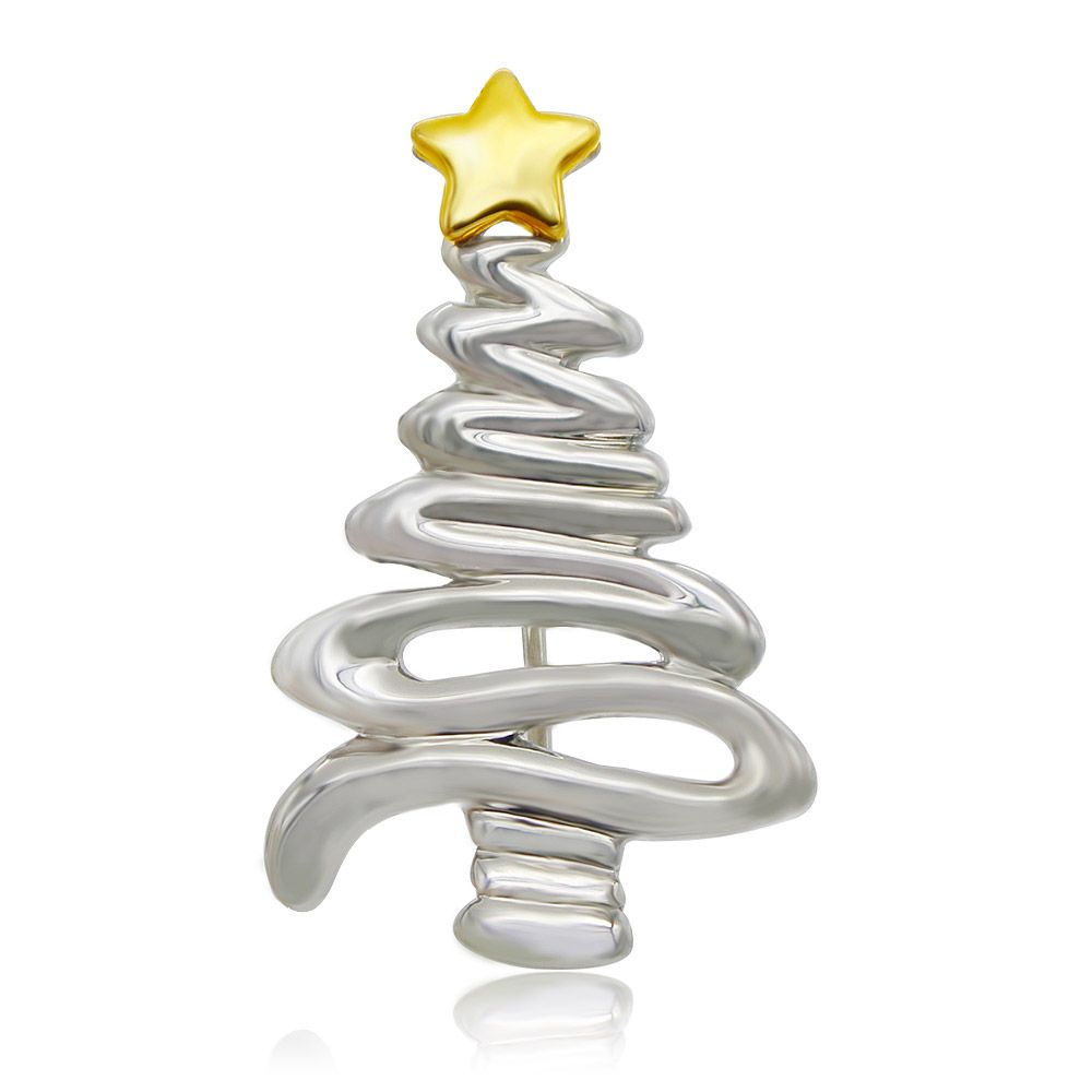 A high-polished silver Christmas tree brooch with a two-tone design, featuring a brilliant gold star on top. Model JRB-008.