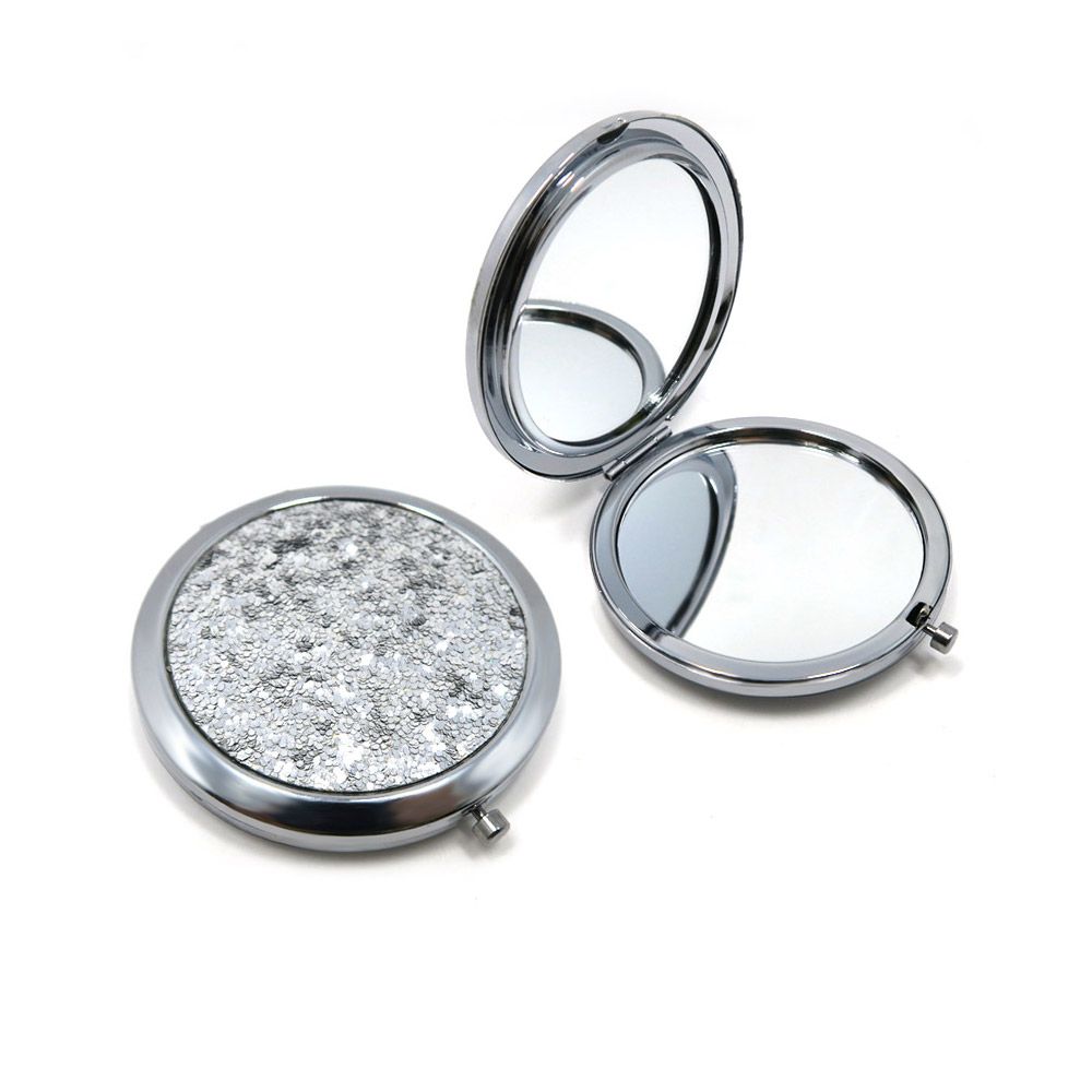 A luxurious sequin compact mirror, model PID-6282, shown open to reveal its double-sided design with both regular and magnified mirrors.