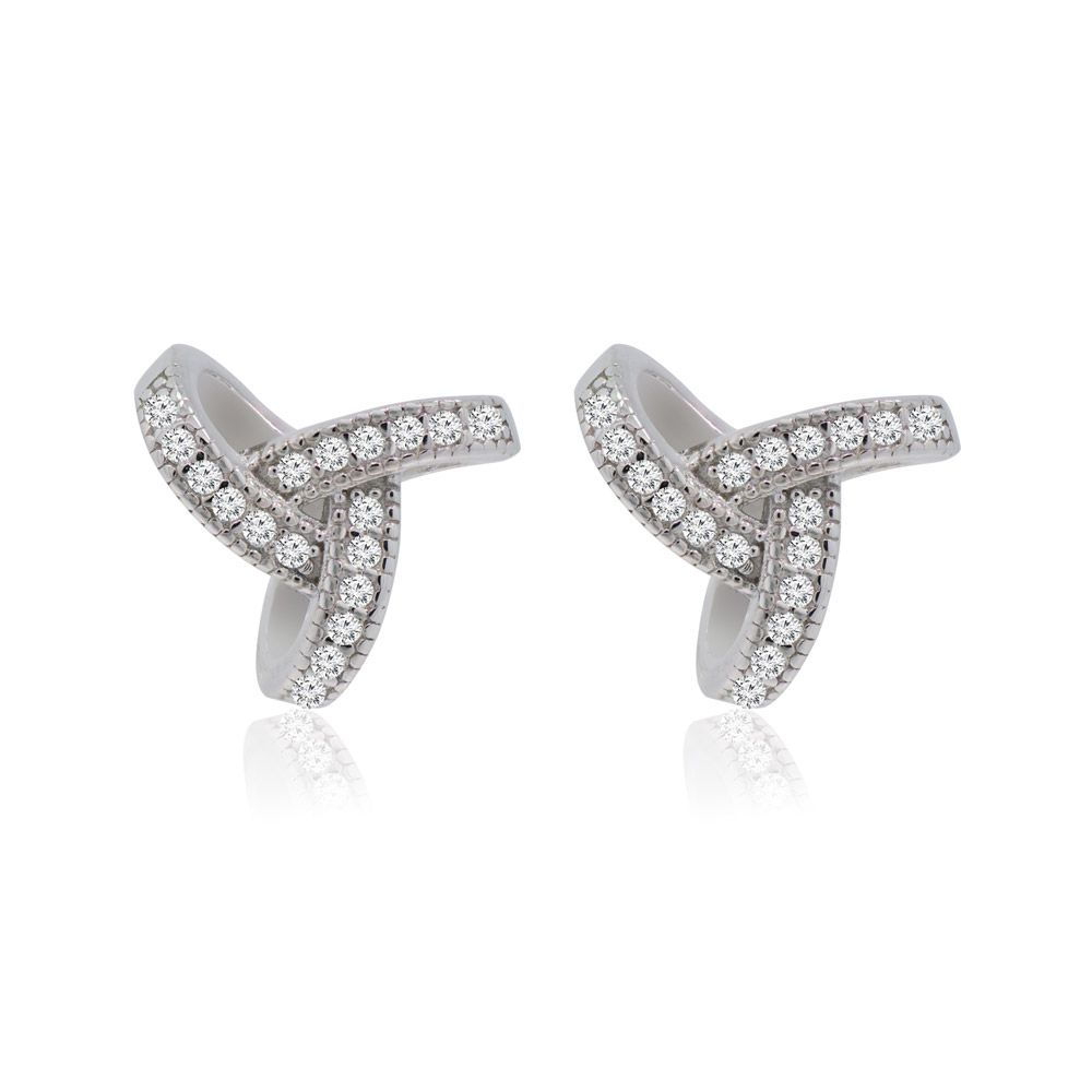 Un par de pendientes de botón Love Knot Me en latón chapado en rodio, con un diseño entrelazado adornado con circonitas brillantes.