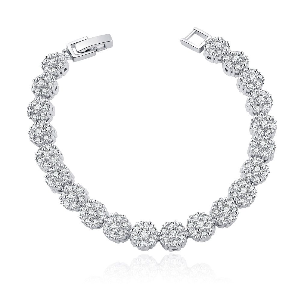 A close-up of the Floral Zirconia Bracelet, showcasing its intricate silver design with multiple circular clusters of sparkling cubic zirconia stones.