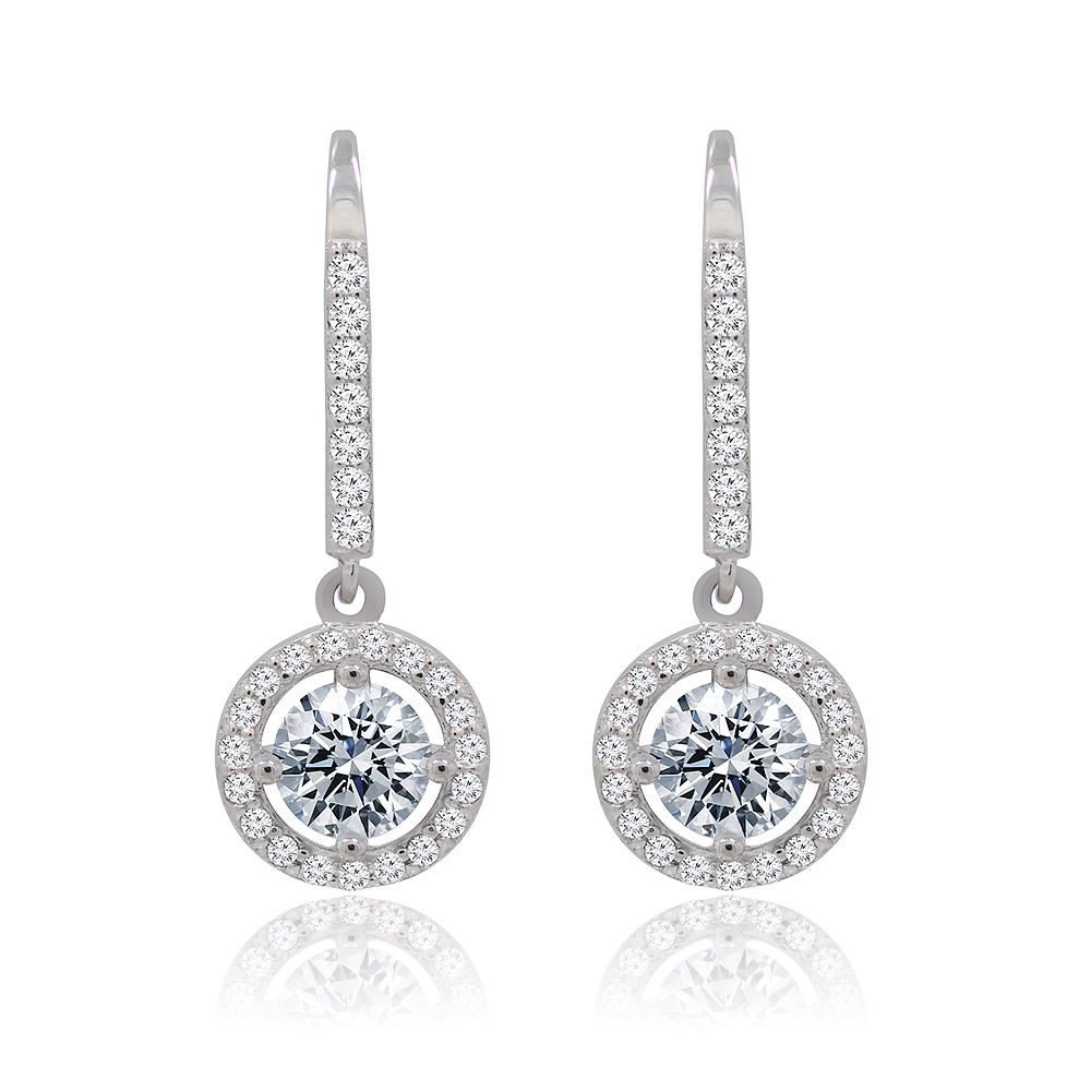 Een paar Ice Stones Sterling Zilveren Haakoorbellen met een centrale rond geslepen cubic zirconia steen omringd door een halo van kleinere stenen.