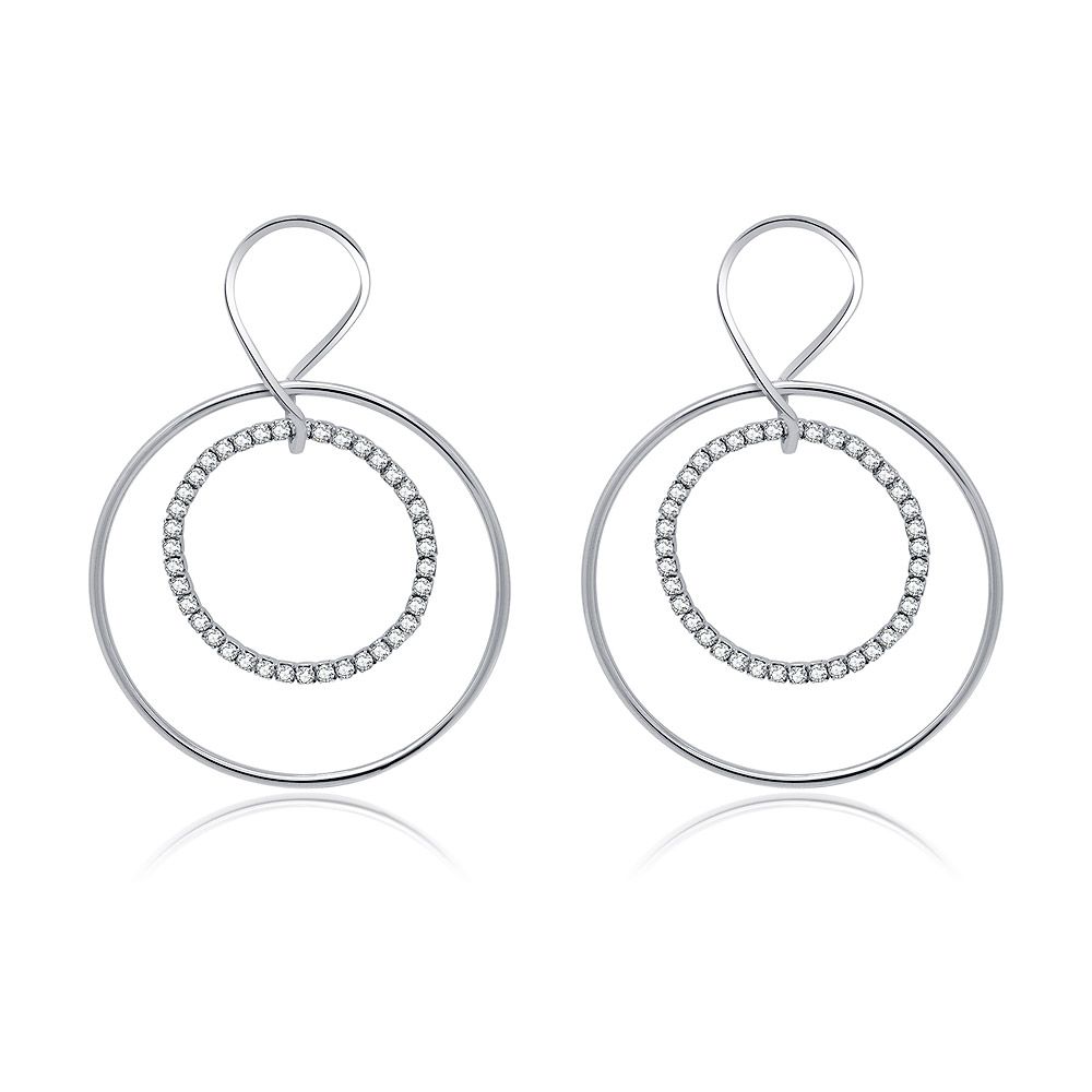 A pair of CZ Large Geometric Circle Drop Earrings with a rhodium-plated finish, showcasing a double-layered circular design with a sparkling Czech crystal on the inner circle.