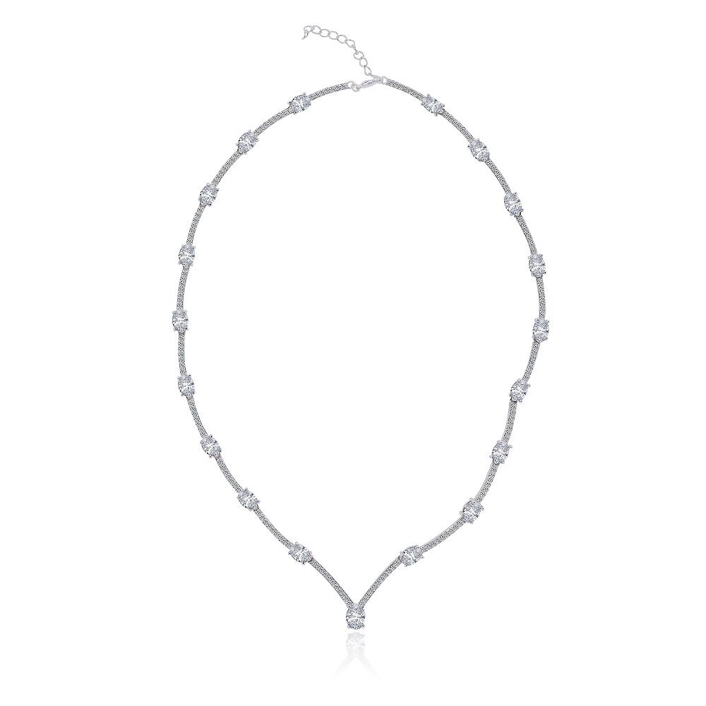 A close-up of the Clear Oval Cubic Zirconia Cluster Necklace, showcasing its V-shaped pendant studded with brilliant CZ stones on a rhodium-plated chain.
