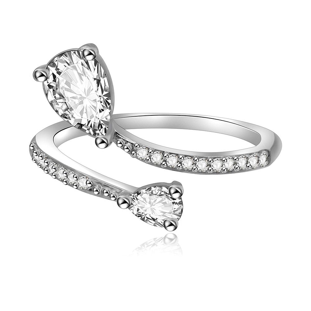 A close-up of the Two-Stone Tear Cubic Zirconia Ring, showcasing its rhodium-plated brass band and two sparkling tear-cut CZ stones.