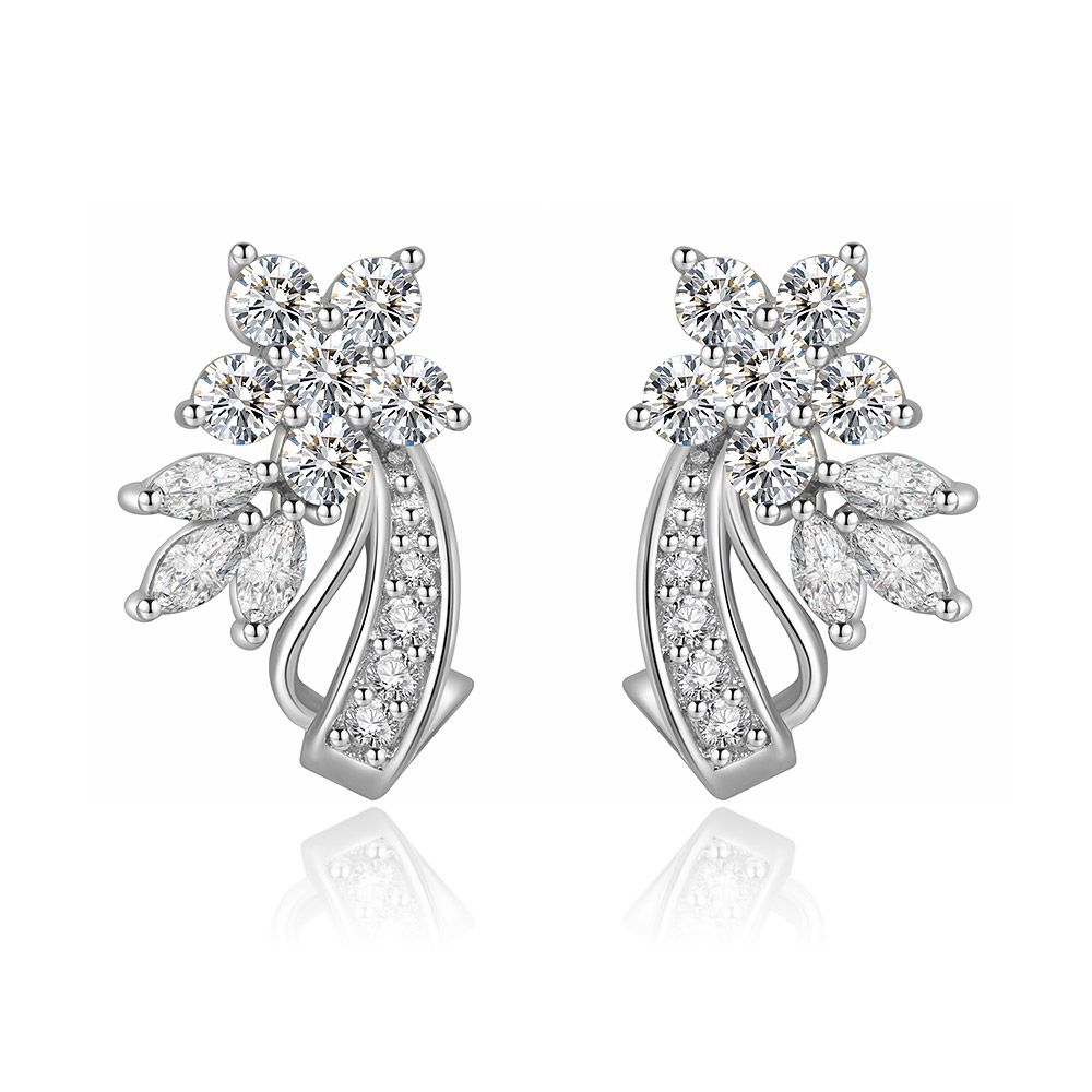 A pair of Clear Cubic Zirconia Cocktail Earrings featuring a silver floral design with sparkling clear gemstones, shown on a clean white background.