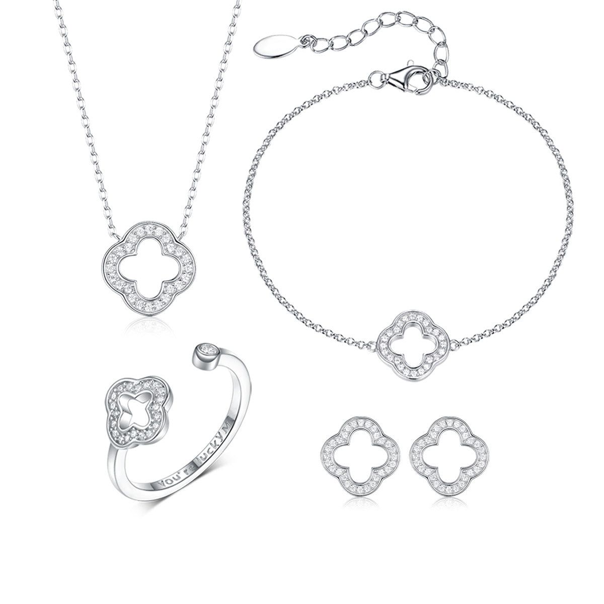 Ensemble complet de bijoux en argent sterling 925 en forme de trèfle porte-bonheur pour femmes, comprenant un collier, un bracelet, des boucles d'oreilles et une bague avec des pierres CZ étincelantes.
