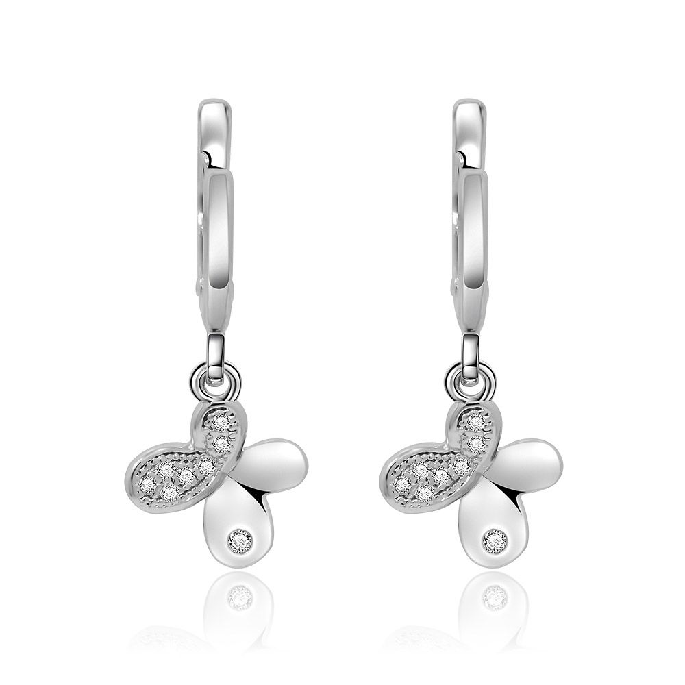 A close-up of the Silver Butterfly Drop Earring, showcasing its intricate butterfly design crafted from rhodium-plated brass and sparkling white cubic zirconia stones.