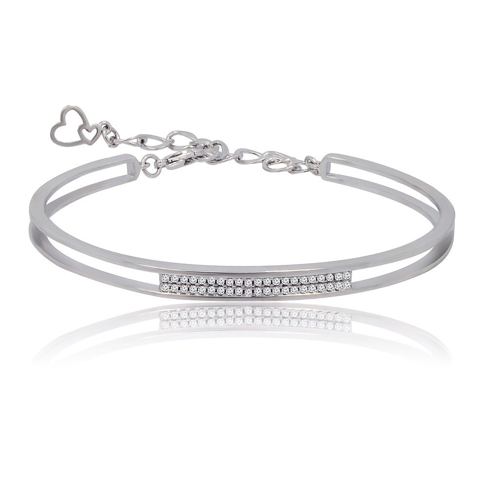 Close-up of the Halo Pave Set Bangle, showcasing the intricate pave-set cubic zirconia stones and the secure heart-shaped lobster clasp.